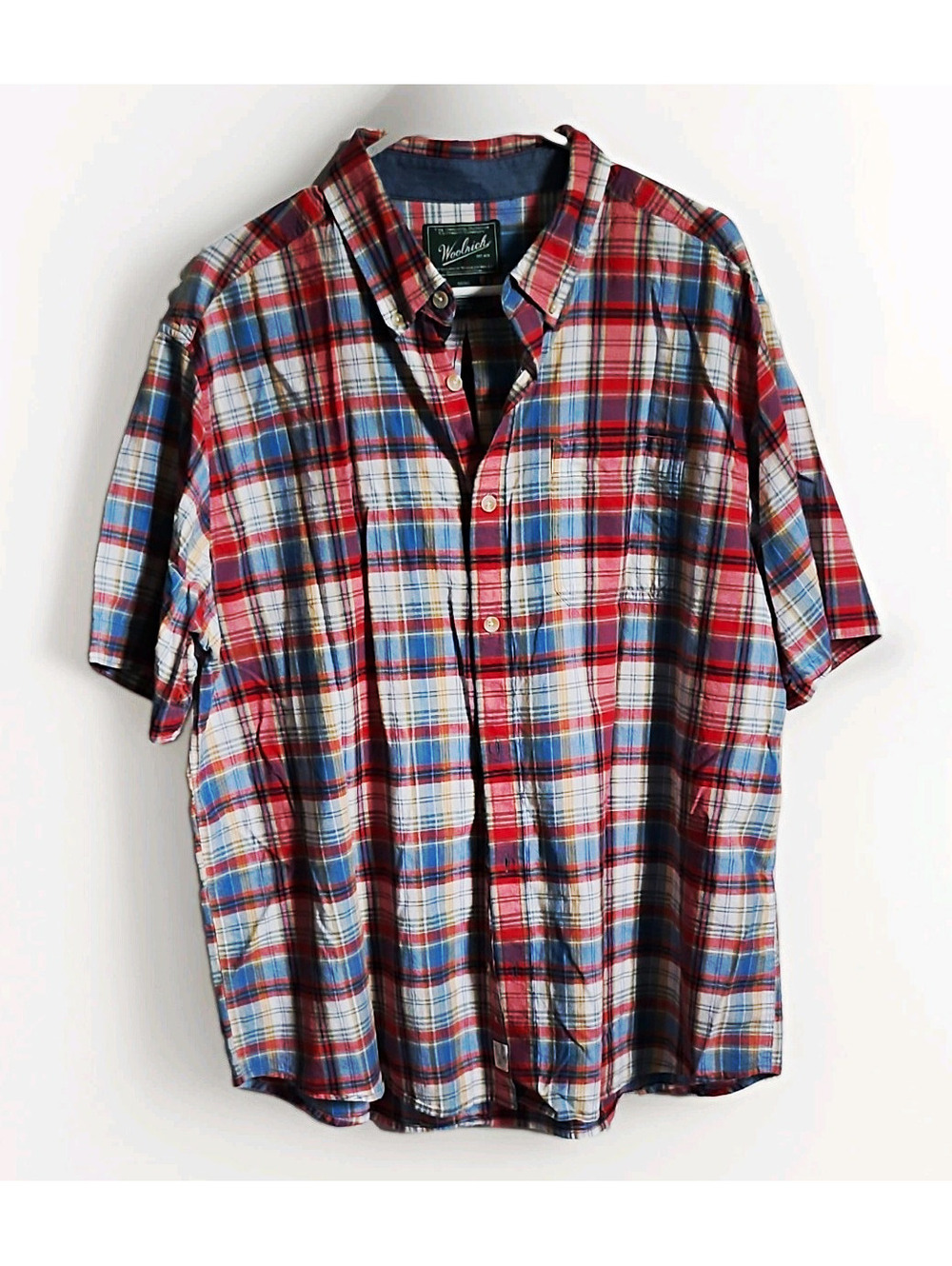 Woolrich Men's XL Red Blue White Plaid Cotton Short Sleeve Button-Down Shirt